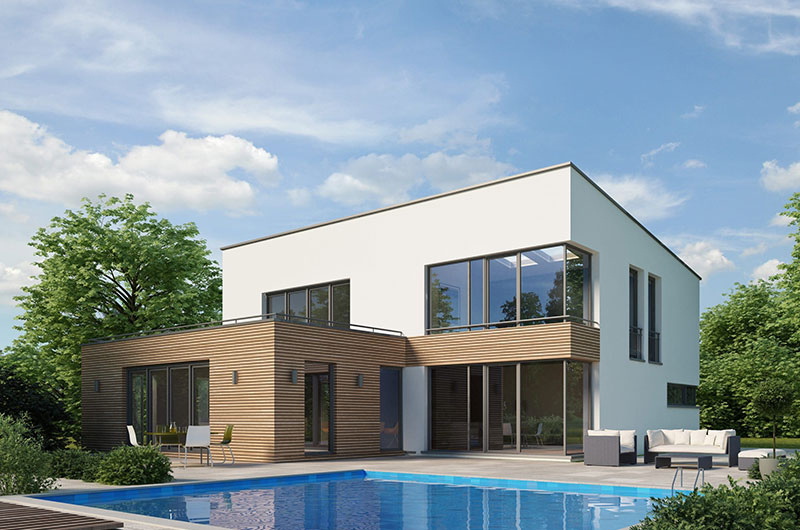 Modern building exterior beside a swimming pool